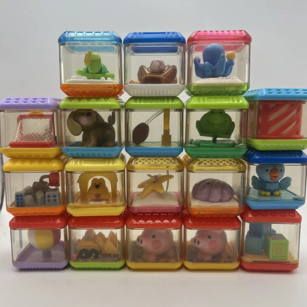 Lot of 18 Fisher Price Peek-A-Blocks Vintage Sensory Toy Stacking Animals Sports